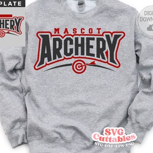 May include: Gray sweatshirt with a red and black graphic design that says "MASCOT ARCHERY" with a target and arrow underneath. The design is on the front of the sweatshirt.