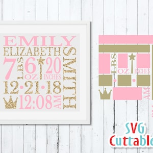 Annonce de naissance de bébé SVG - DXF - EPS - Baby Stats - Metric - Princess svg - Template - Silhouette - Cricut - Digital Cut File