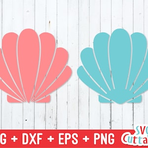 May include: Two seashell silhouettes, one pink and one blue, on a white woodgrain background.  SVG + DXF + EPS + PNG Cuttables.