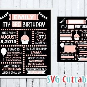 May include: Black and white printable birthday sign with pink accents. The sign says "Emily My 3rd Birthday" and includes details like her birthdate, height, favorite food, and what she wants to be when she grows up.