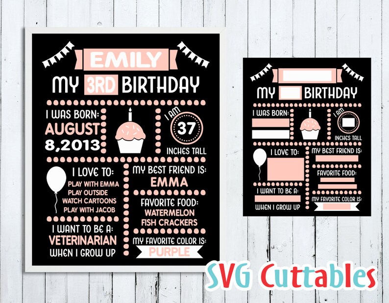 May include: Black and white printable birthday sign with pink accents. The sign says "Emily My 3rd Birthday" and includes details like her birthdate, height, favorite food, and what she wants to be when she grows up.