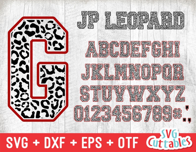 Puede incluir: Un archivo de dise&ntilde;o digital para una fuente de impresi&oacute;n de leopardo. La fuente incluye letras may&uacute;sculas, n&uacute;meros y signos de puntuaci&oacute;n. La fuente es de estilo negrita y en bloque con un contorno rojo. El texto "JP LEOPARD" est&aacute; en la parte superior de la imagen.