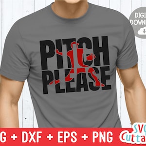 May include: A gray t-shirt with the text "Pitch Please" in black letters. A red silhouette of a baseball player is incorporated into the text.