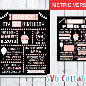 May include: A black and pink printable birthday sign for a 3-year-old girl named Emily. The sign includes details like her birthdate, height, favorite things, and what she wants to be when she grows up.