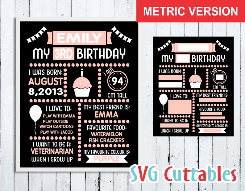 May include: A black and pink printable birthday sign for a 3-year-old girl named Emily. The sign includes details like her birthdate, height, favorite things, and what she wants to be when she grows up.
