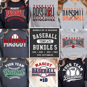 Könnte beinhalten: Eine Sammlung von Baseball-Themen-Bekleidungsdesigns. Das Bild zeigt verschiedene Sweatshirts und T-Shirts mit Baseball-Grafiken, darunter Texte wie "Mascot Baseball", "Your City Baseball" und "Your Team Baseball". Die Designs zeigen Basebälle, Schläger und teambezogene Elemente. Eine zentrale Grafik bewirbt ein Baseball-Vorlagenpaket.