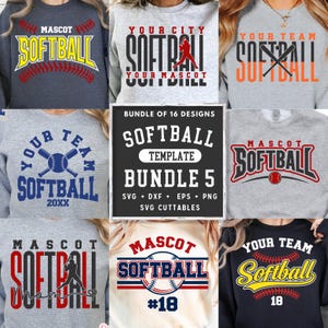 Puede incluir: Una colección de sudaderas con temática de softbol y un paquete de plantillas. Las sudaderas presentan la palabra "Softbol" en varios diseños, colores y fuentes, junto con nombres de equipos y mascotas. El paquete de plantillas incluye archivos SVG, DXF, EPS y PNG.