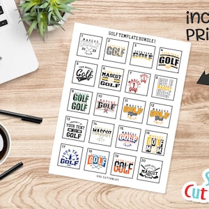 Pu&ograve; includere: Un foglio stampabile di 20 tagli SVG a tema golf. I design presentano vari testi e grafiche legate al golf, tra cui "Golf", "Mascotte" e "La tua squadra".