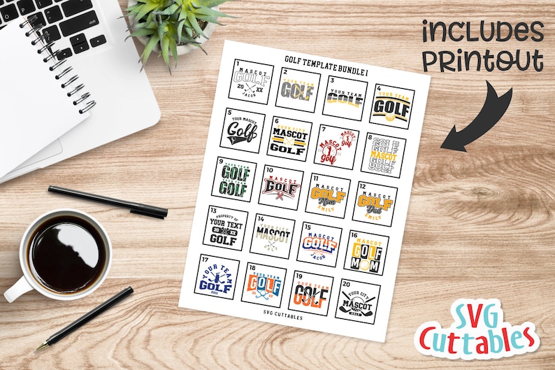 Pu&ograve; includere: Un foglio stampabile di 20 tagli SVG a tema golf. I design presentano vari testi e grafiche legate al golf, tra cui "Golf", "Mascotte" e "La tua squadra".