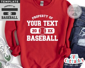 May include: Red sweatshirt with white text that says "Property of Your Text 20 XX Baseball". The text is in a vintage style font. There is a baseball graphic with red stitching in the middle of the text.