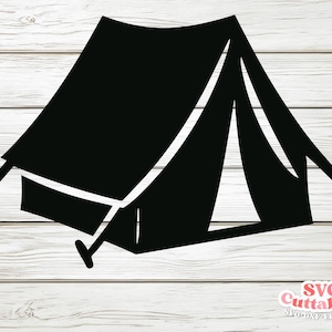 May include: A black silhouette of a camping tent, featuring a triangular roof and a rectangular base. The tent has support poles extending outwards. The image is set against a light wood grain background. The text "SVG Cuttables" is in the bottom right corner.