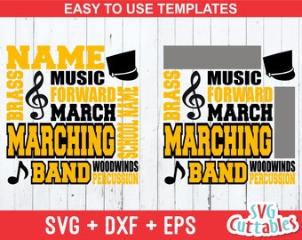 Op de afbeelding: Een geel en zwart ontwerp voor een marching band met de woorden "NAME", "BRASS", "MUSIC", "FORWARD", "MARCH", "MARCHING", "BAND", "WOODWINDS" en "PERCUSSION". Het ontwerp bevat ook een vioolsleutel en een marching band hoed.