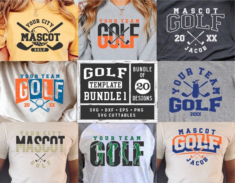Pu&ograve; includere: Un pacchetto di 20 design di golf tagliabili SVG per t-shirt. I design presentano diverse combinazioni di colori e includono testo come "Your Team Golf", "Your City Mascot Golf" e "Mascot Golf".
