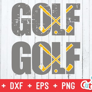 Może przedstawiać: Szary, zużyty projekt graficzny z napisem "GOLF" napisanym dwa razy. Litery są wypełnione ż&oacute;łtym wzorem skrzyżowanych kij&oacute;w golfowych.