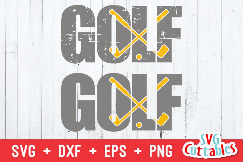 Może przedstawiać: Szary, zużyty projekt graficzny z napisem "GOLF" napisanym dwa razy. Litery są wypełnione ż&oacute;łtym wzorem skrzyżowanych kij&oacute;w golfowych.