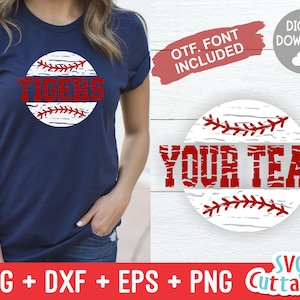 May include: A digital download of a baseball-themed SVG cut file. The design features a white baseball with red stitching and the text "YOUR TEAM" in red. The file is compatible with Cricut and Silhouette cutting machines.