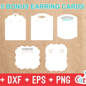 Puede incluir: Cinco plantillas de tarjetas para pendientes imprimibles con diferentes formas y dise&ntilde;os. Las tarjetas incluyen el texto "Handmade with love".