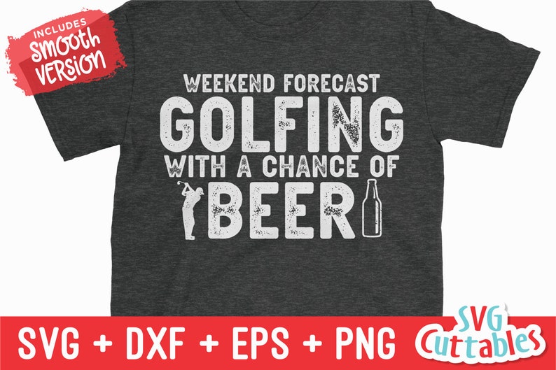 K&ouml;nnte beinhalten: Ein dunkelgraues T-Shirt mit einer wei&szlig;en, abgenutzten Grafik, auf der "Wochenendprognose Golfen mit einer Chance auf Bier" steht. Die Grafik enth&auml;lt eine Silhouette eines Golfers und einer Bierflasche.