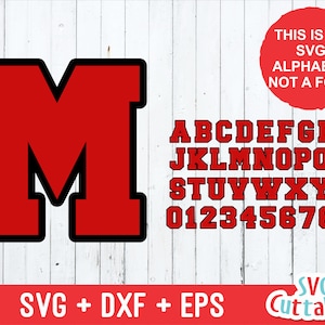 Puede incluir: Letras mayúsculas del alfabeto en rojo y negro, los números del 0 al 9 y un signo de número. Las letras están en un estilo de fuente en negrita y en bloque. El texto "THIS IS AN SVG ALPHABET NOT A FONT" está en un círculo rojo en la parte superior derecha de la imagen. El texto "SVG + DXF + EPS" está en la parte inferior de la imagen. El texto "SVG Cuttables" está en la parte inferior derecha de la imagen.