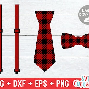 May include: Red and black plaid bow tie, tie, and suspenders.  Digital download. SVG, DXF, EPS, and PNG files.  Cuttables.