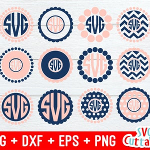 May include: Set of 10 SVG cut files featuring monogram designs with different patterns. The designs include polka dots, chevron, and solid colors in pink and blue.