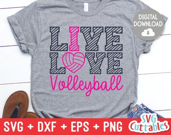 May include: Gray t-shirt with the text "LIVE LOVE Volleyball" in black and pink. The "I" in "LIVE" is replaced with a pink volleyball.