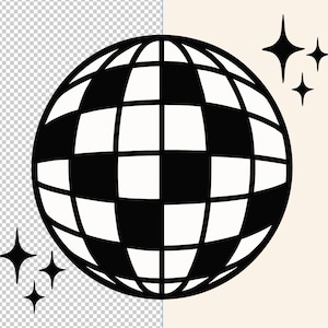 Puede incluir: Ilustraci&oacute;n en blanco y negro de una bola de discoteca con un patr&oacute;n de tablero de ajedrez. La imagen incluye estrellas brillantes, creando un dise&ntilde;o retro con tem&aacute;tica de fiesta.