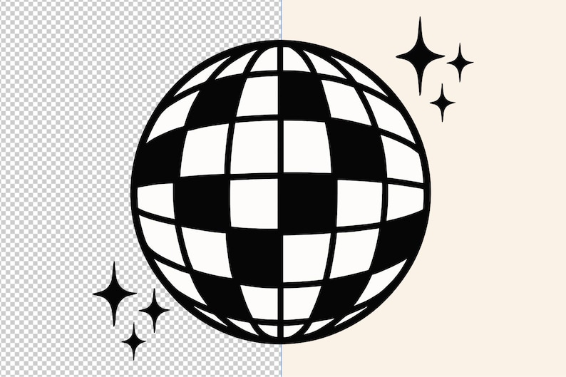 Puede incluir: Ilustraci&oacute;n en blanco y negro de una bola de discoteca con un patr&oacute;n de tablero de ajedrez. La imagen incluye estrellas brillantes, creando un dise&ntilde;o retro con tem&aacute;tica de fiesta.