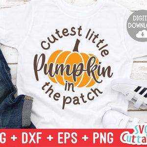 May include: White onesie with brown text that reads "Cutest little pumpkin in the patch". The onesie has an orange pumpkin graphic with a stem and leaves.