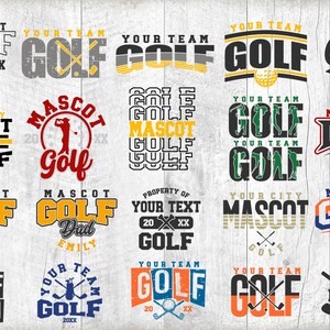 Pu&ograve; includere: Una collezione di 12 design grafici colorati a tema golf che presentano la parola "Mascot" e "Golf" in vari font e stili. Alcuni design includono le parole "Your Team", "Your City", "Property of", "Mom", "Dad" e "Jacob".