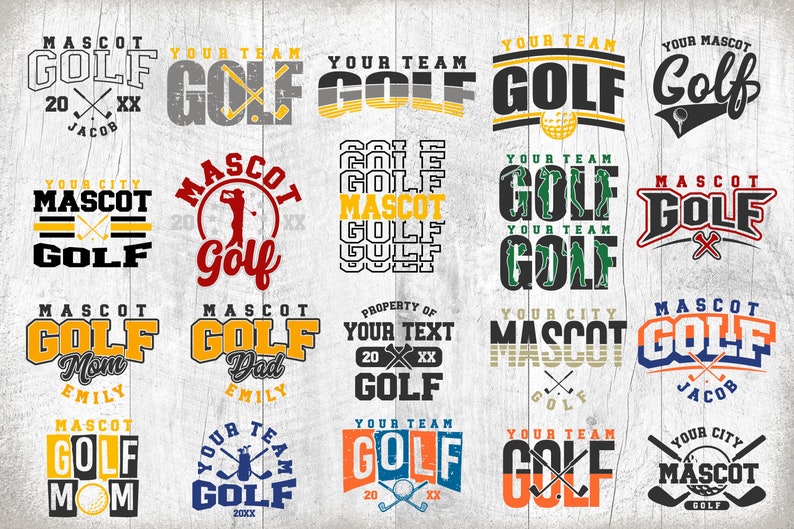 Pu&ograve; includere: Una collezione di 12 design grafici colorati a tema golf che presentano la parola "Mascot" e "Golf" in vari font e stili. Alcuni design includono le parole "Your Team", "Your City", "Property of", "Mom", "Dad" e "Jacob".