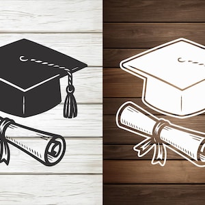May include: Two graduation-themed illustrations. One is a black mortarboard and diploma on a white wood background. The other is a white mortarboard and diploma on a brown wood background. Both are line drawings.