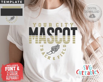 May include: A white t-shirt with a gold and black design that says "YOUR CITY MASCOT" with a running shoe graphic and the words "TRACK & FIELD" around it. The design is in a retro style with a striped pattern. The image includes a template for the design and a 2-color alphabet.