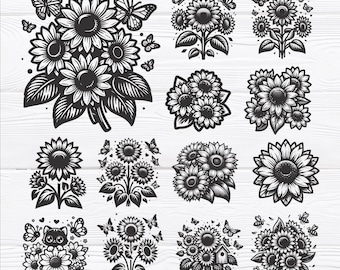 Pode incluir: Um pacote de 20 arquivos de corte SVG em preto e branco com designs de girassóis com borboletas. Os designs incluem girassóis individuais, buquês de girassóis e girassóis com borboletas. O texto "SVG - DXF - EPS - PNG" está na parte inferior da imagem.