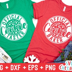 May include: Two green and red t-shirts with white text and a cookie graphic. The text on the green shirt says "Official Cookie Taster". The text on the red shirt says "Official Cookie Baker".