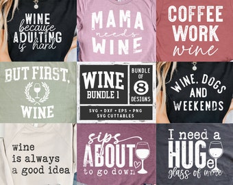 Può includere: Un collage di otto diversi design di magliette con slogan a tema vino. I design includono "Wine because adulting is hard", "Mama needs wine", "Coffee work wine", "But first, wine", "Wine, dogs and weekends", "Wine is always a good idea", "Sips about to go down", and "I need a huge glass of wine".