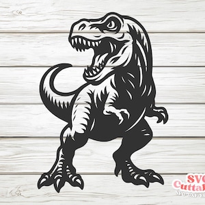 May include: Black and white illustration of a Tyrannosaurus Rex dinosaur with its mouth open, standing on its hind legs. The image is a vector graphic, suitable for cutting or printing. The background is a light wood grain.