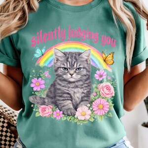 Pu&ograve; includere: T-shirt verde acqua con un'illustrazione di un gatto tabby grigio scontroso, un arcobaleno, farfalle e fiori. Il testo "silently judging you" &egrave; sopra il gatto. La maglietta ha le maniche arrotolate.