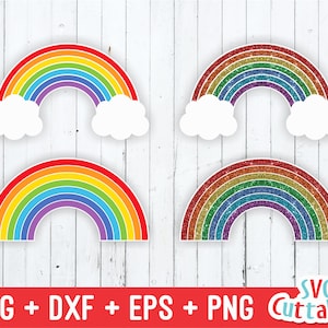 May include: Four rainbow designs, two with a glitter effect and two without. Each rainbow has a white cloud on either side. The text "SVG Cuttables" is in the bottom right corner of the image.