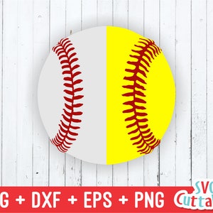 May include: A digitally created image of a softball and a baseball. The softball is yellow, and the baseball is white. Both have red stitching. The image includes the text "SVG + DXF + EPS + PNG" and "SVG Cuttables".