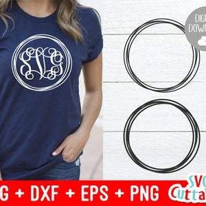 May include: A navy blue t-shirt featuring a white monogram design within a circle. The image also shows two black circle designs and the words "SVG + DXF + EPS + PNG" in red and white.