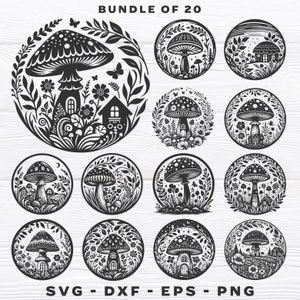 May include: A set of 20 black and white SVG cut files featuring mushroom illustrations with floral details. The mushrooms are depicted in various styles, including some with houses and other elements. The text "SVG - DXF - EPS - PNG" is at the bottom of the image.