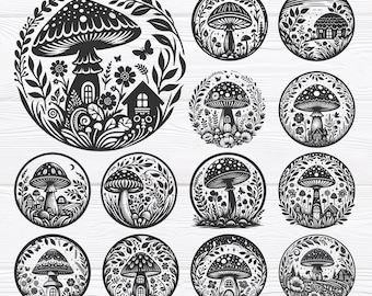 Puede incluir: Un conjunto de 20 archivos de corte SVG en blanco y negro que presentan ilustraciones de hongos con detalles florales. Los hongos se representan en varios estilos, incluidos algunos con casas y otros elementos. El texto "SVG - DXF - EPS - PNG" está en la parte inferior de la imagen.
