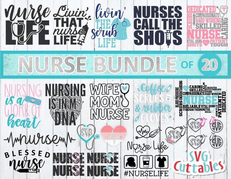 Pu&ograve; includere: Un download digitale di 20 file SVG tagliati con design a tema infermieristico. I design includono frasi come "Nurse Life", "Nursing is a Work of Heart", e "Nurses Call the Shots".