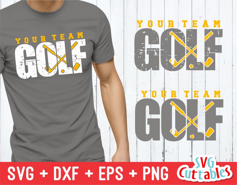 Może przedstawiać: Szary T-shirt z napisem "YOUR TEAM GOLF" w kolorze białym z efektem postarzenia. Tekst jest nałożony na ż&oacute;łtą grafikę przedstawiającą dwa skrzyżowane kije golfowe.