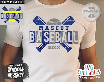 May include: A white t-shirt with a blue and gray baseball design. The design includes two crossed bats, a baseball, and the text "MASCOT BASEBALL 20XX".