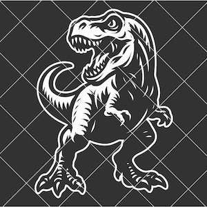 May include: A white, stylized illustration of a Tyrannosaurus Rex on a black background with a diamond pattern. The dinosaur is depicted with its mouth open, revealing teeth, and is in a walking pose.