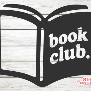 May include: Black graphic of an open book with the words "book club" in white, stylized font. The image is set against a light wood grain background, suggesting a focus on reading and literature.