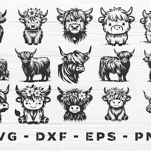 Puede incluir: Un conjunto de 16 archivos de corte SVG de vaca Highland en blanco y negro. Las vacas est&aacute;n en varias poses, algunas con flores, otras con lazos y otras con patrones florales. El texto "SVG - DXF - EPS - PNG" est&aacute; en la parte inferior de la imagen.