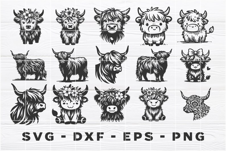 Puede incluir: Un conjunto de 16 archivos de corte SVG de vaca Highland en blanco y negro. Las vacas est&aacute;n en varias poses, algunas con flores, otras con lazos y otras con patrones florales. El texto "SVG - DXF - EPS - PNG" est&aacute; en la parte inferior de la imagen.